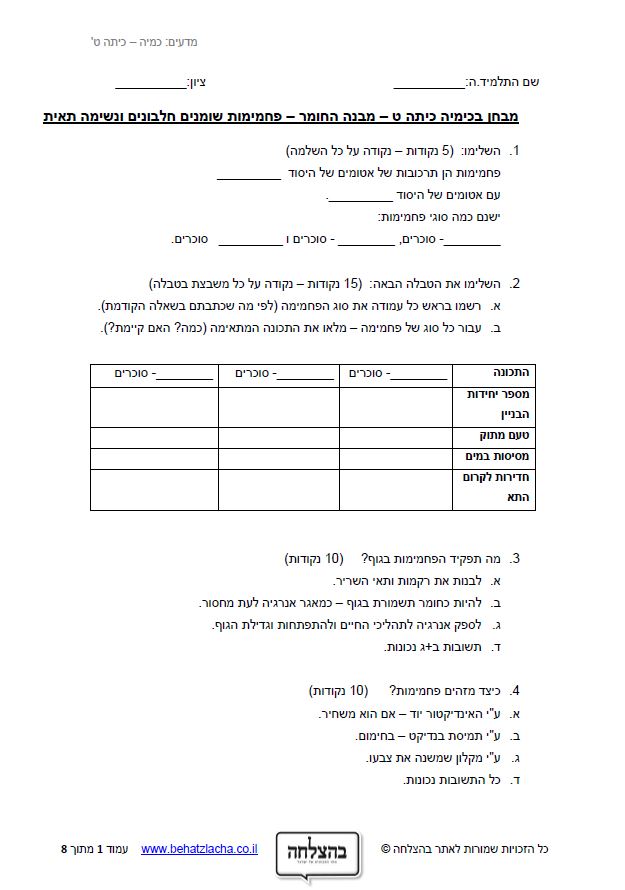 מבחן במדעים לכיתה ט - פחמימות, שומנים, חלבונים ונשימה תאית
